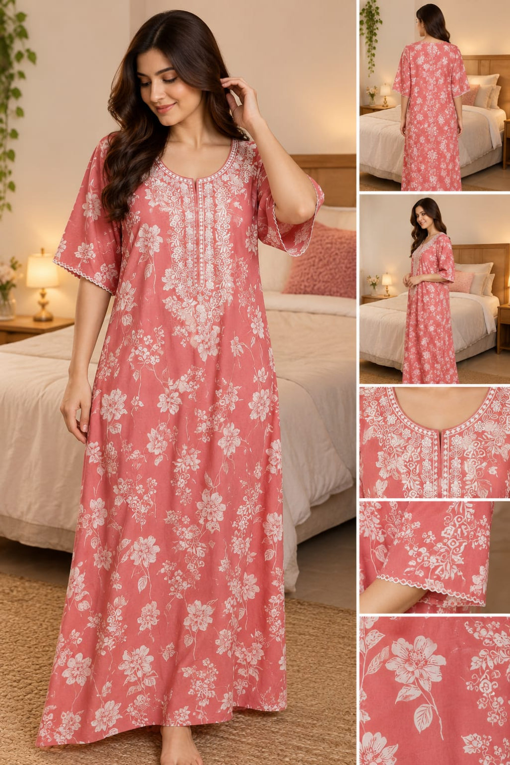 Women’s Floral Printed Embroidered Night Gown with Half Sleeves