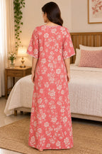 Women’s Floral Printed Embroidered Night Gown with Half Sleeves