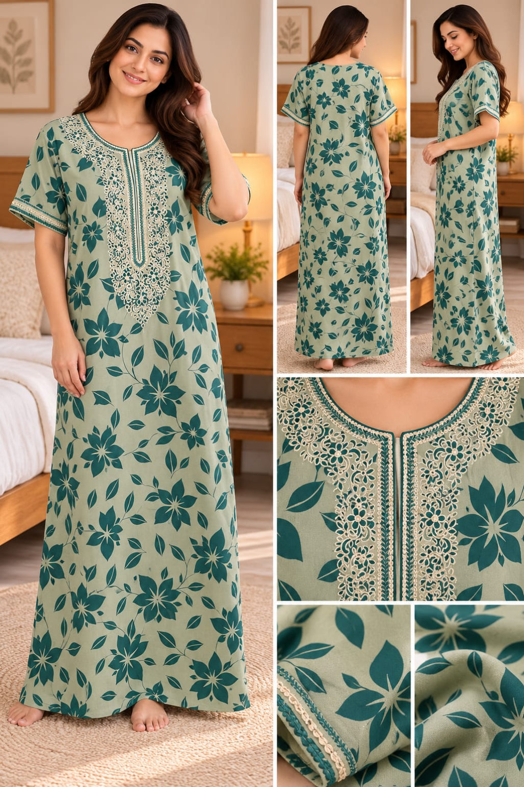 Women’s Floral Printed Embroidered Full-Length Night Gown – Sage Green | Size L
