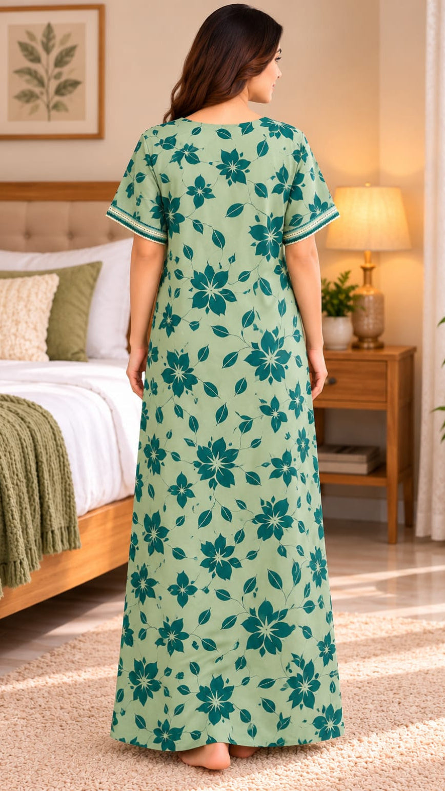 Women’s Floral Printed Embroidered Full-Length Night Gown – Sage Green | Size L Secondary image