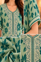 Women’s Floral Printed Embroidered Full-Length Night Gown – Sage Green | Size L