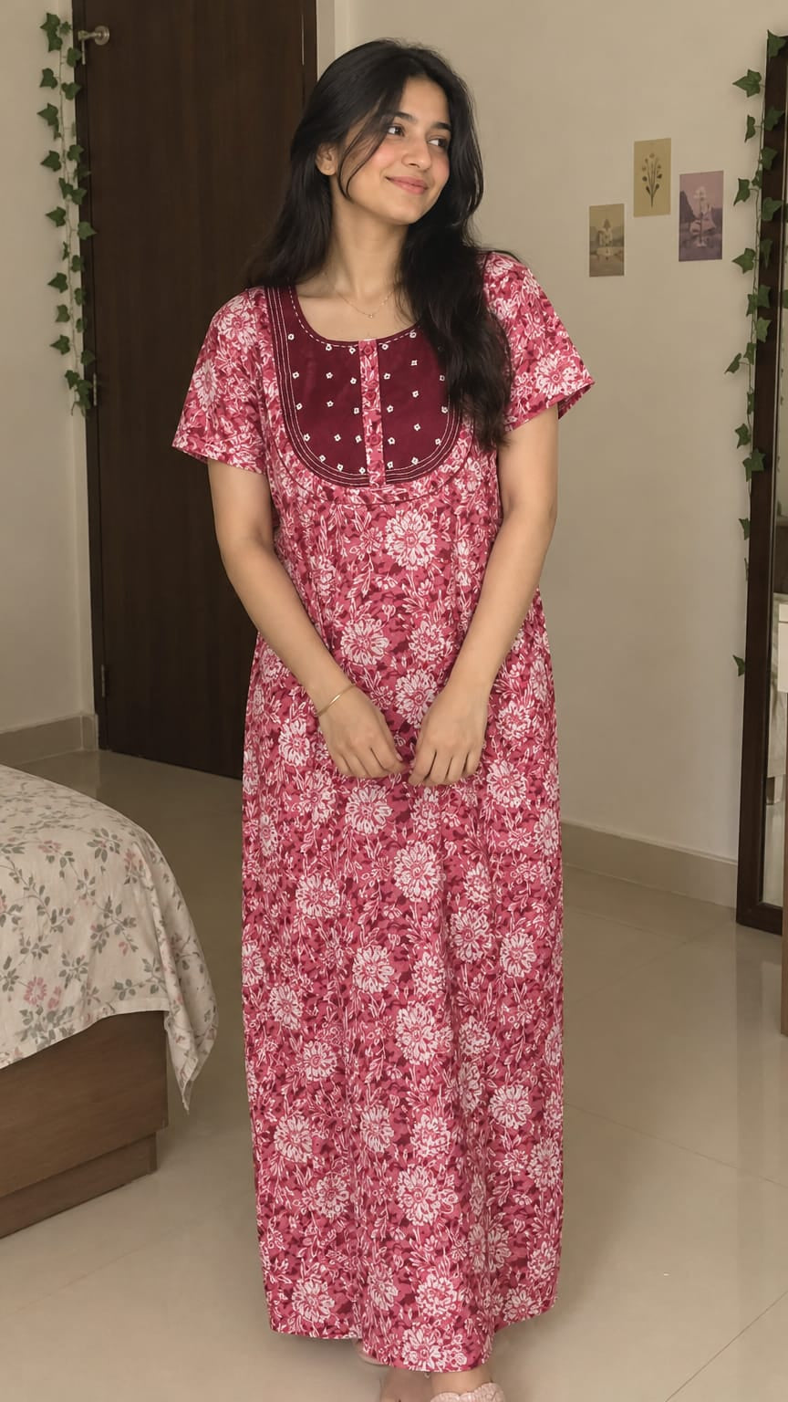 Floral Embroidered Cotton Nighty