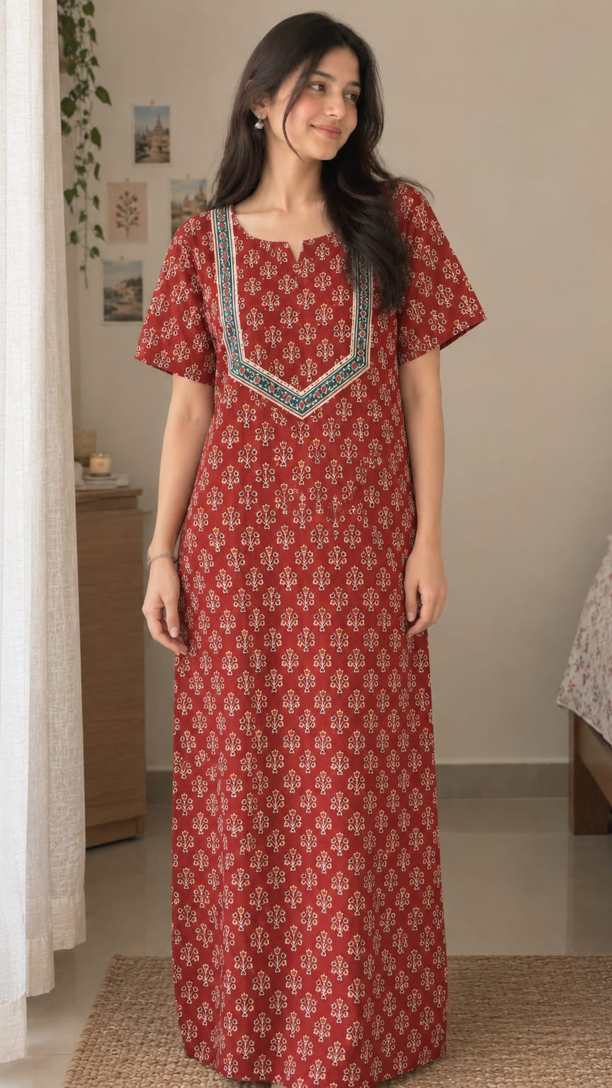 Multifloral Embroidery Night Gown |  Floral Embroidered Cotton Nighty Main image
