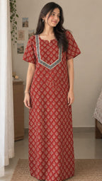 Multifloral Embroidery Night Gown |  Floral Embroidered Cotton Nighty