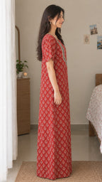 Multifloral Embroidery Night Gown |  Floral Embroidered Cotton Nighty