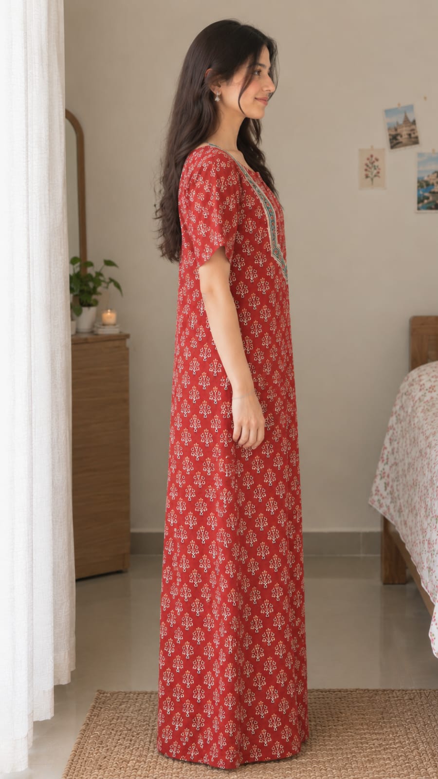 Multifloral Embroidery Night Gown |  Floral Embroidered Cotton Nighty