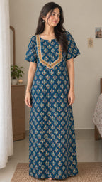 Multifloral Embroidery Night Gown |  Floral Embroidered Cotton Nighty