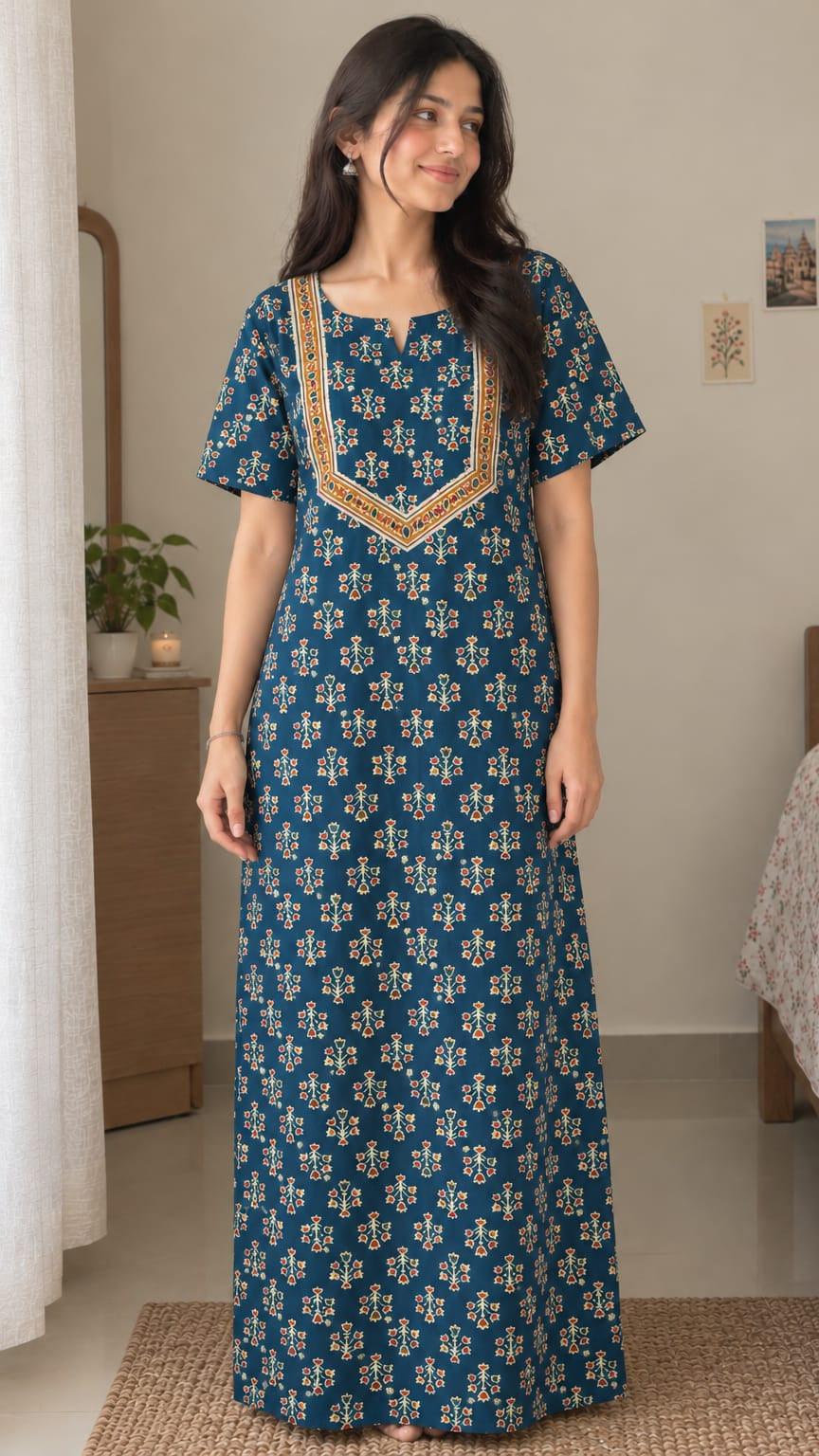 Multifloral Embroidery Night Gown |  Floral Embroidered Cotton Nighty
