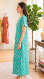 Cotton Block-Print A-Line Long Nightgown