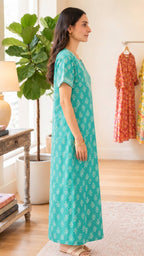 Cotton Block-Print A-Line Long Nightgown
