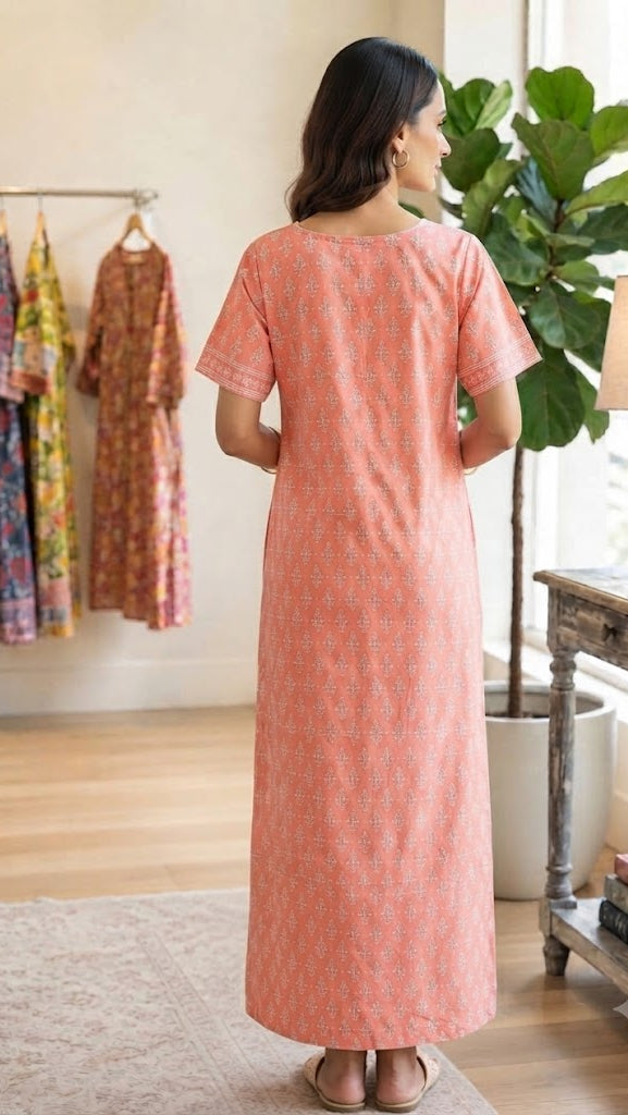 Cotton Block-Print A-Line Long Nightgown