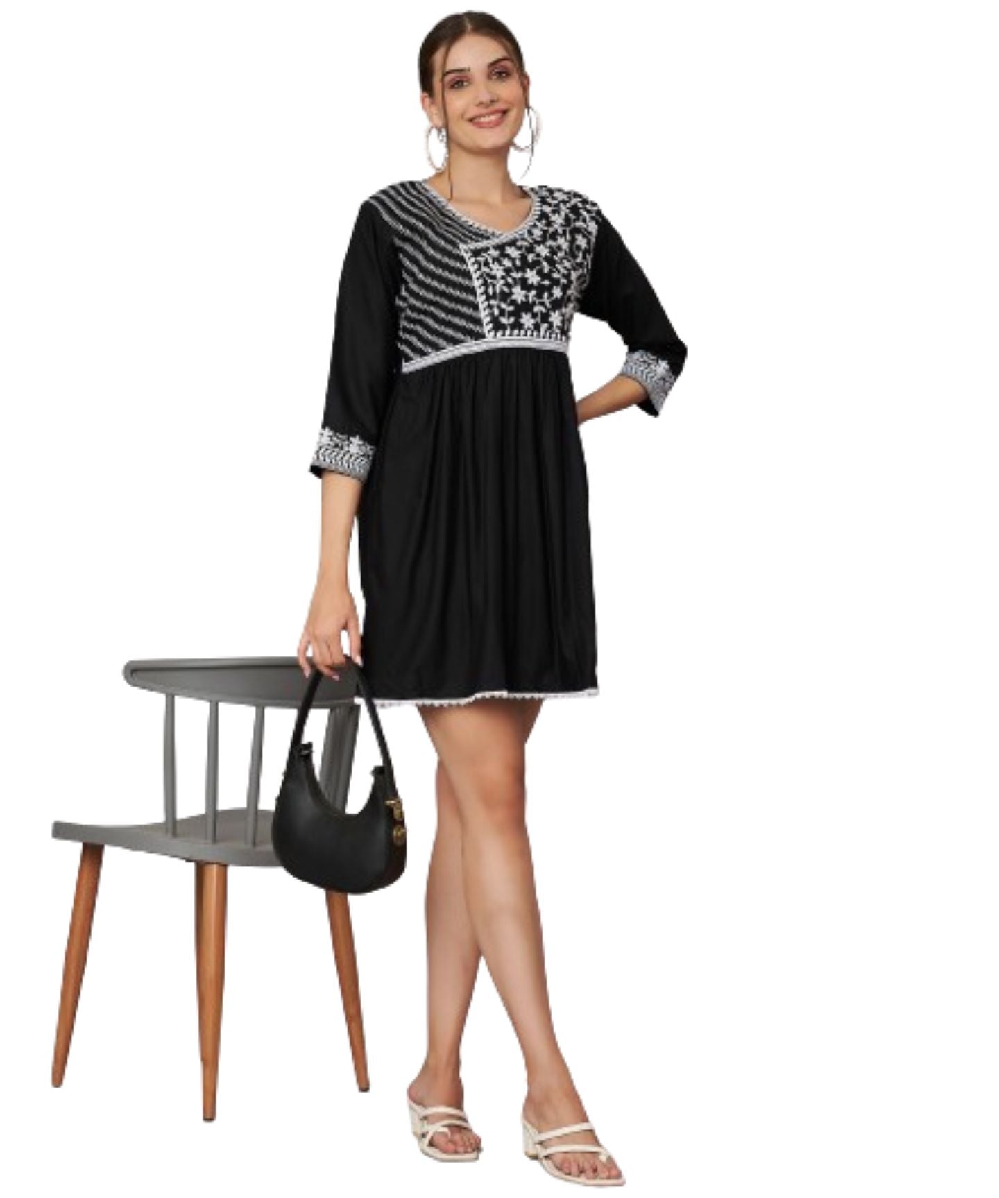 KOI SLEEPWEAR Beautiful Short Embroidered Dress BLACK