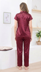 Maroon Itanlian Satin Two Piece Set | Short Sleeves