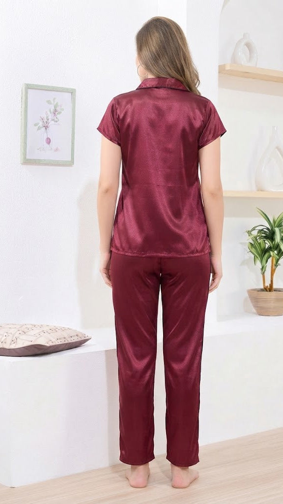 Maroon Itanlian Satin Two Piece Set | Short Sleeves