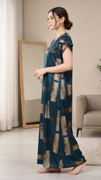 Abstract Elegance Teal Satin Long Nightgown