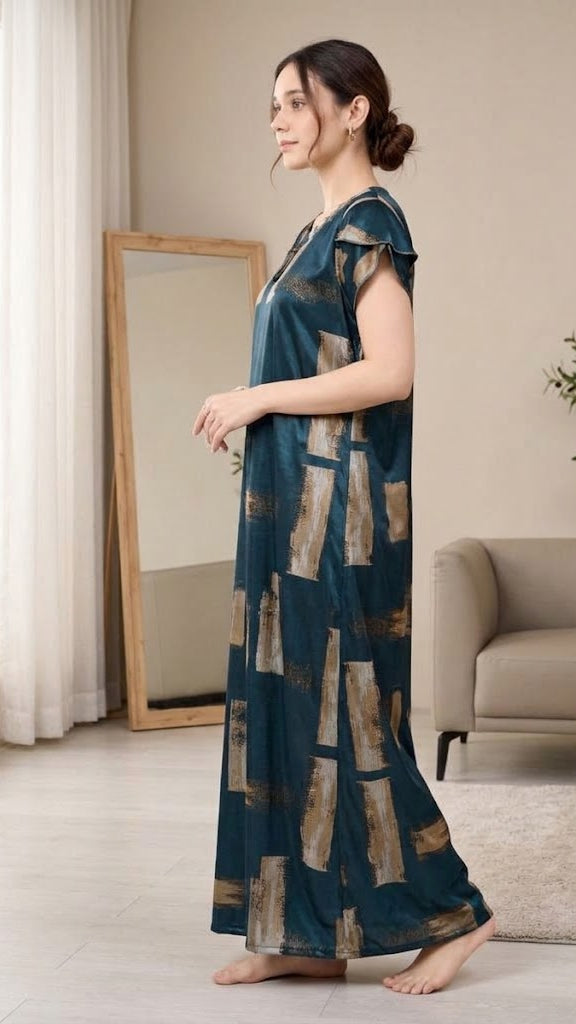 Abstract Elegance Teal Satin Long Nightgown