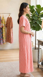 Cotton Block-Print A-Line Long Nightgown