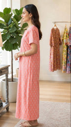 Cotton Block-Print A-Line Long Nightgown