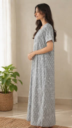 Cotton Block-Print A-Line Long Nightgown