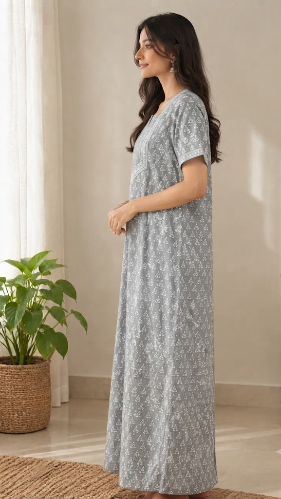 Cotton Block-Print A-Line Long Nightgown