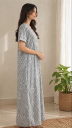 Cotton Block-Print A-Line Long Nightgown
