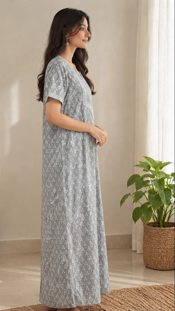 Cotton Block-Print A-Line Long Nightgown