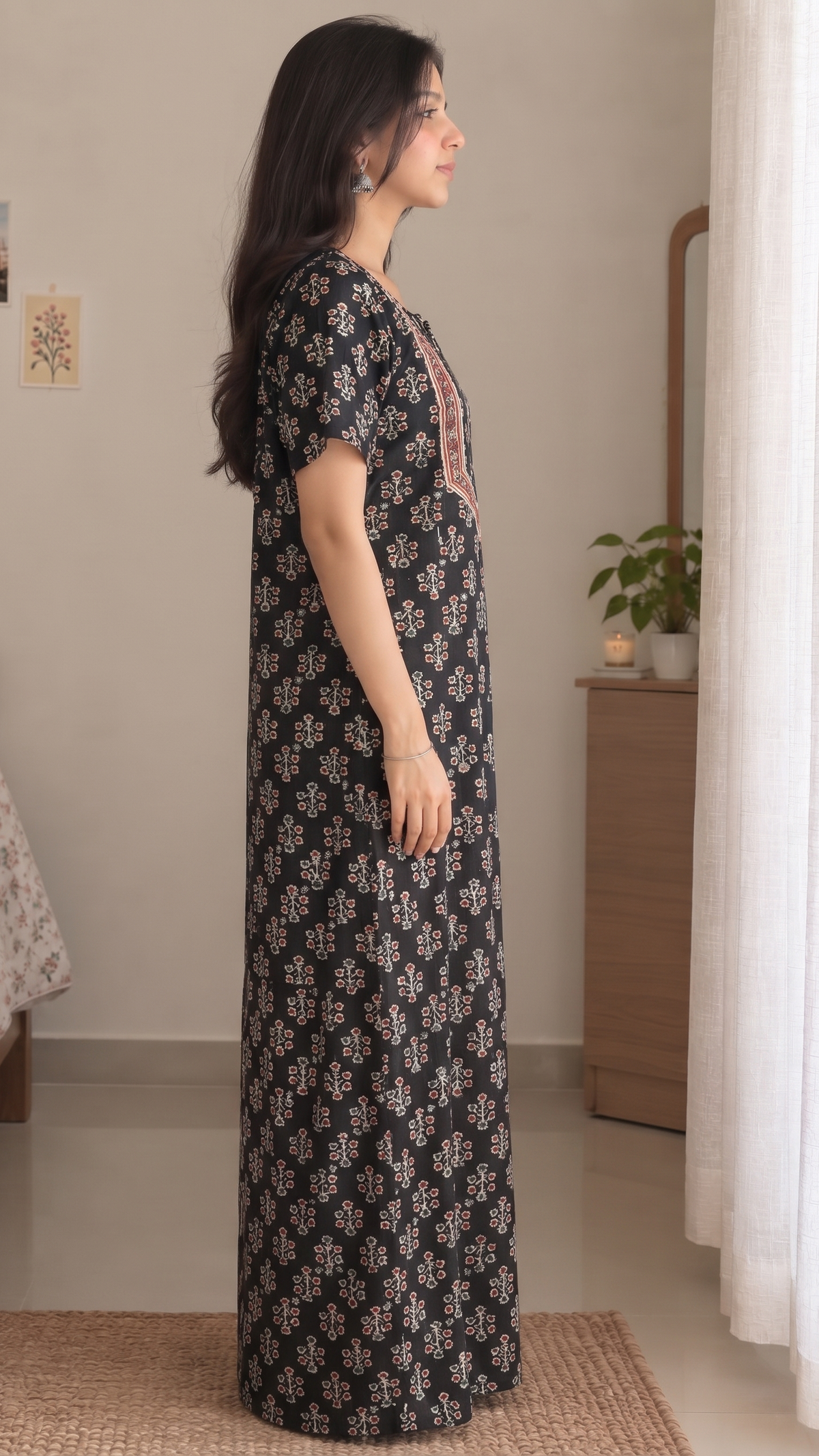 Multifloral Embroidery Night Gown |  Floral Embroidered Cotton Nighty