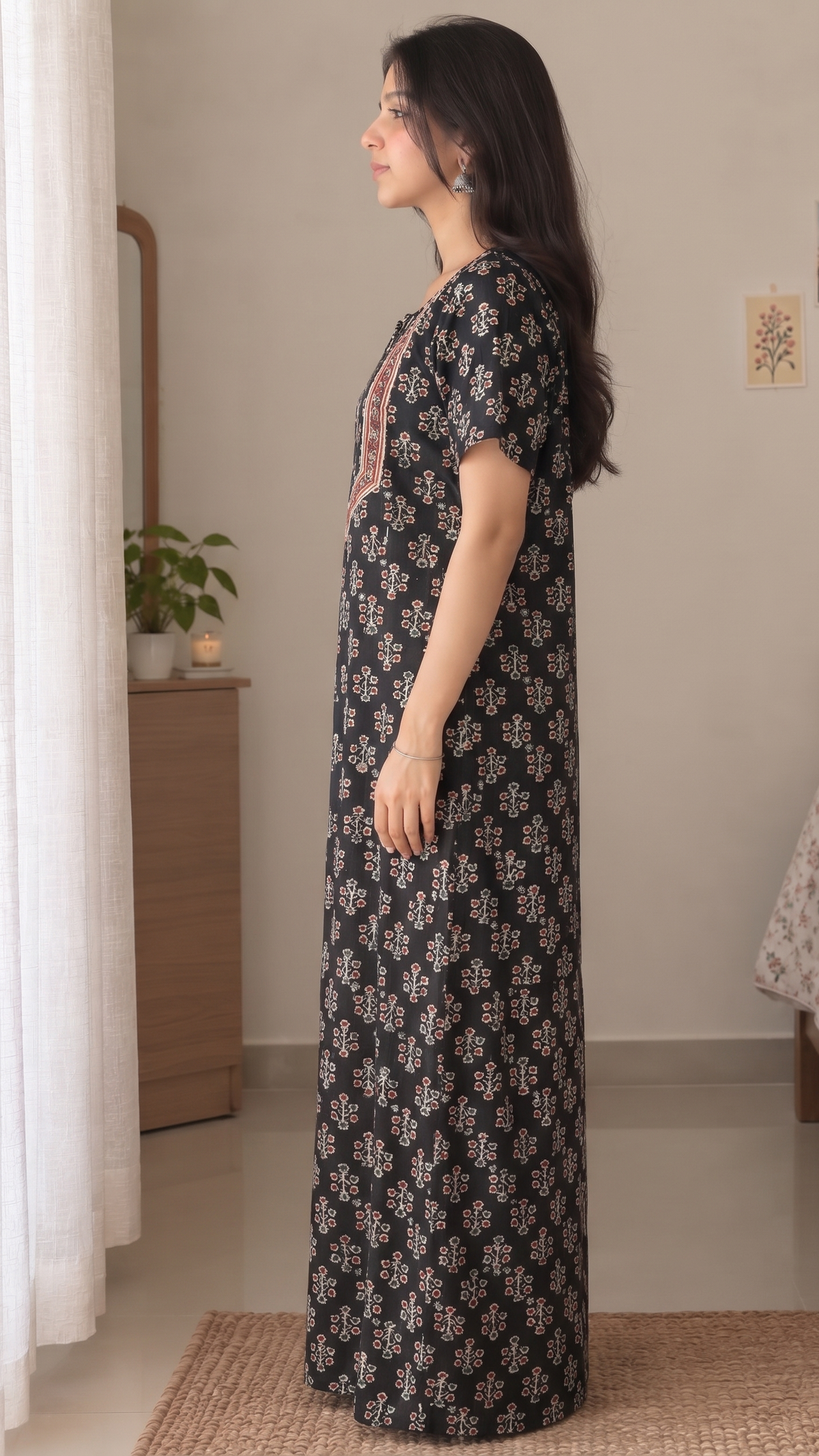 Multifloral Embroidery Night Gown |  Floral Embroidered Cotton Nighty