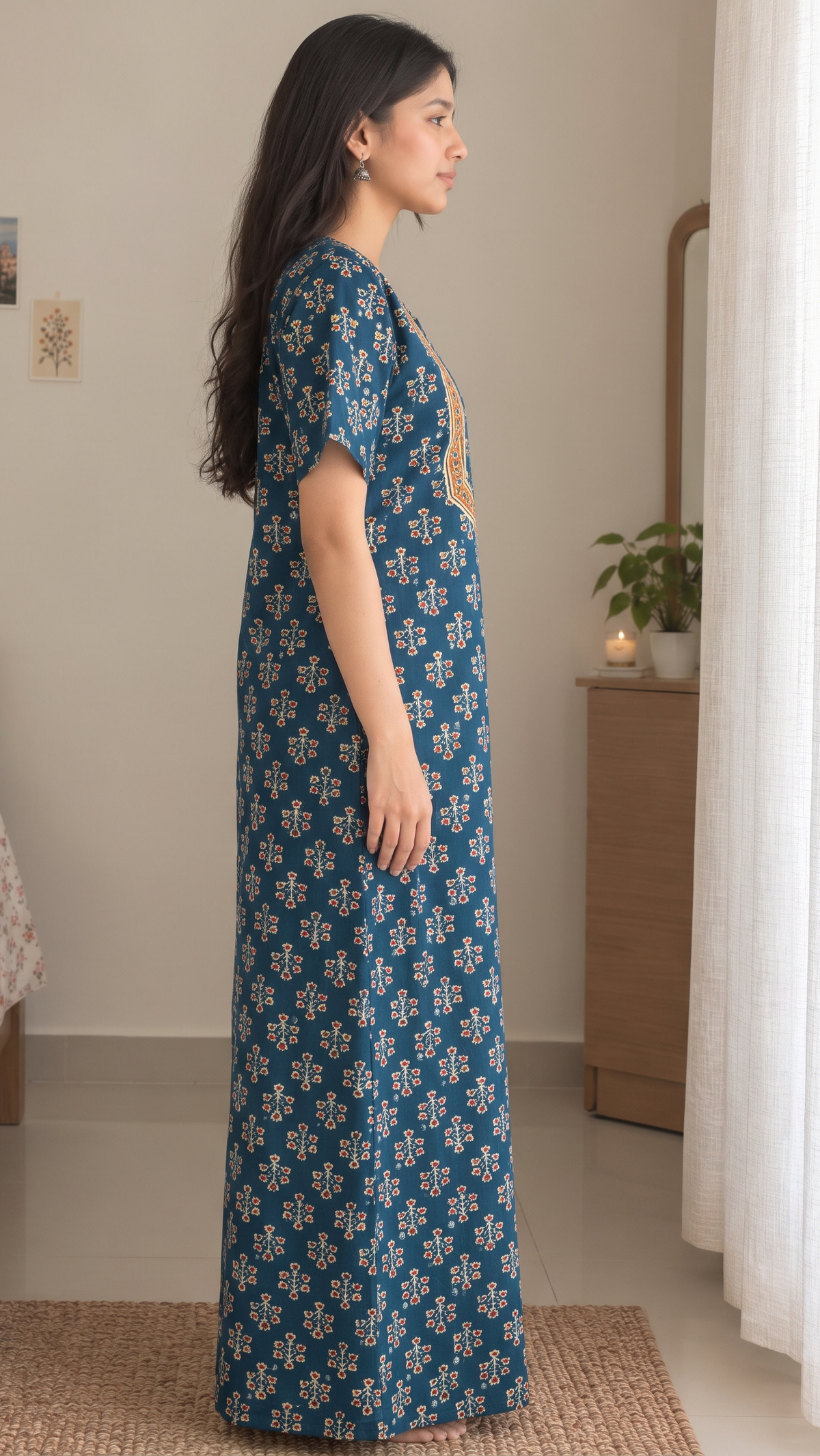 Multifloral Embroidery Night Gown |  Floral Embroidered Cotton Nighty