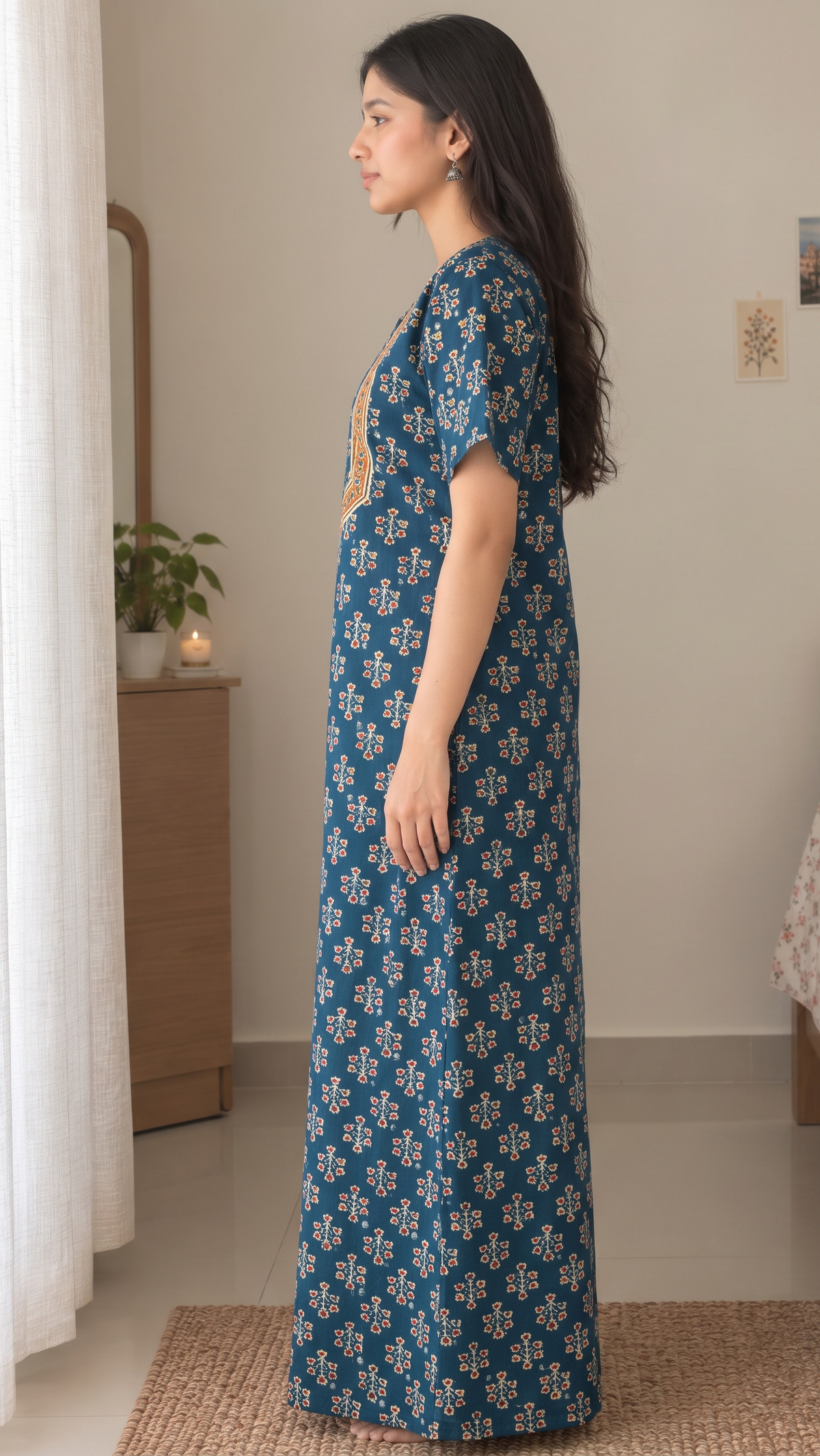 Multifloral Embroidery Night Gown |  Floral Embroidered Cotton Nighty