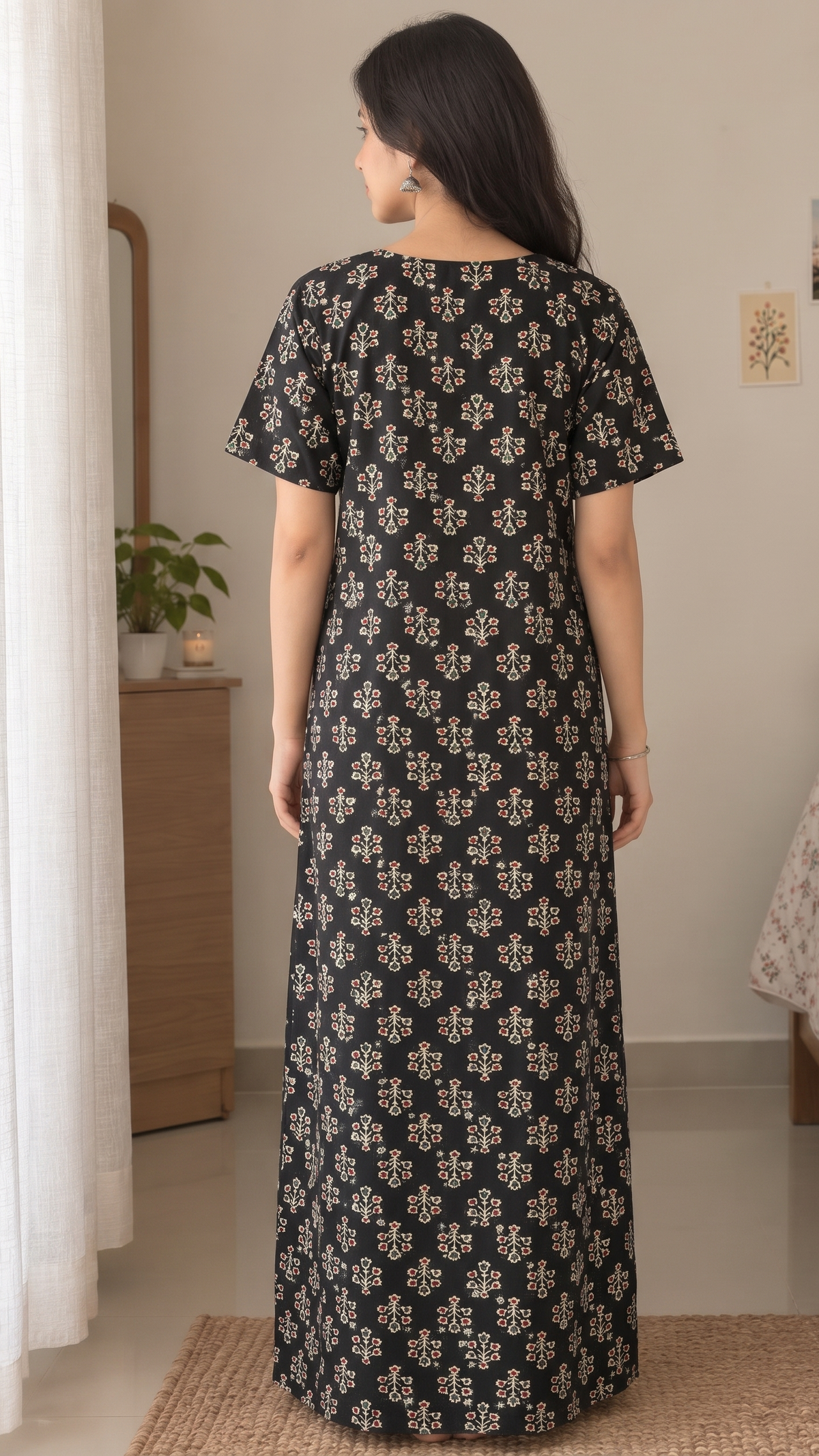 Multifloral Embroidery Night Gown |  Floral Embroidered Cotton Nighty