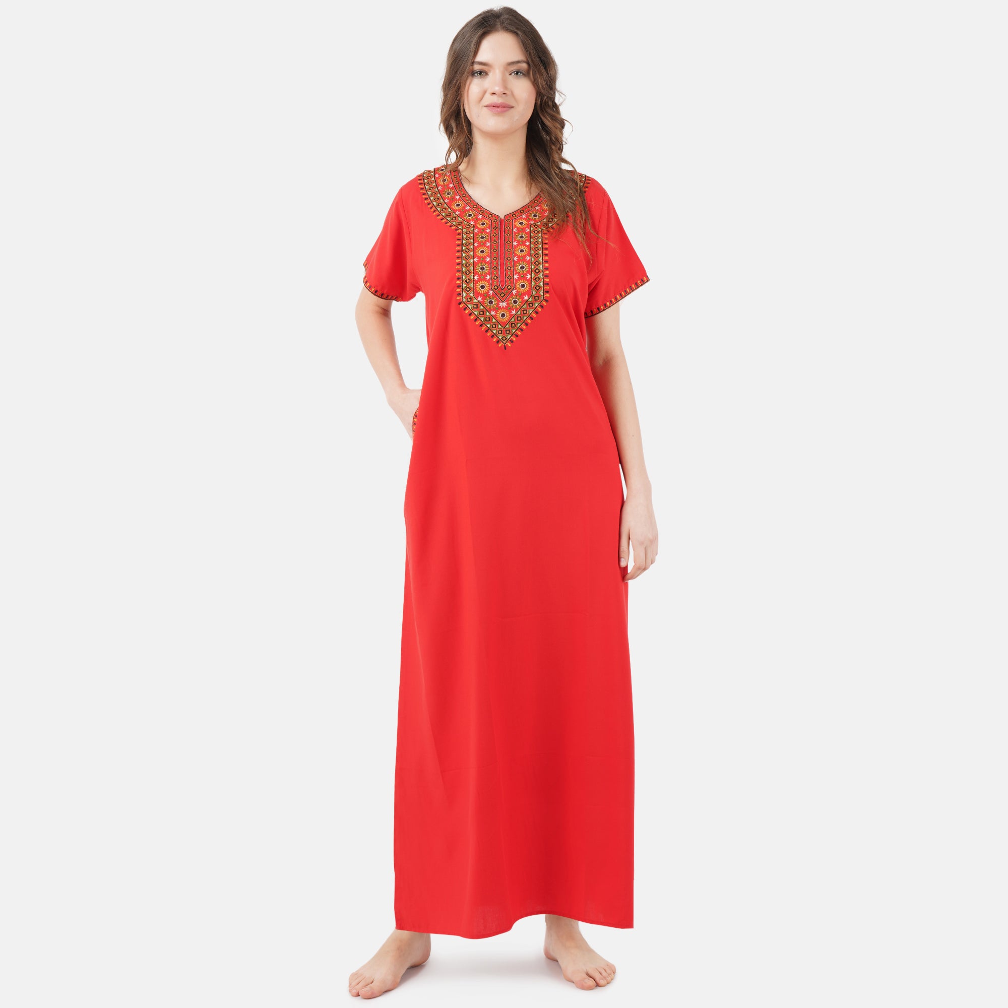 V-shaped Embroidery Night Gown