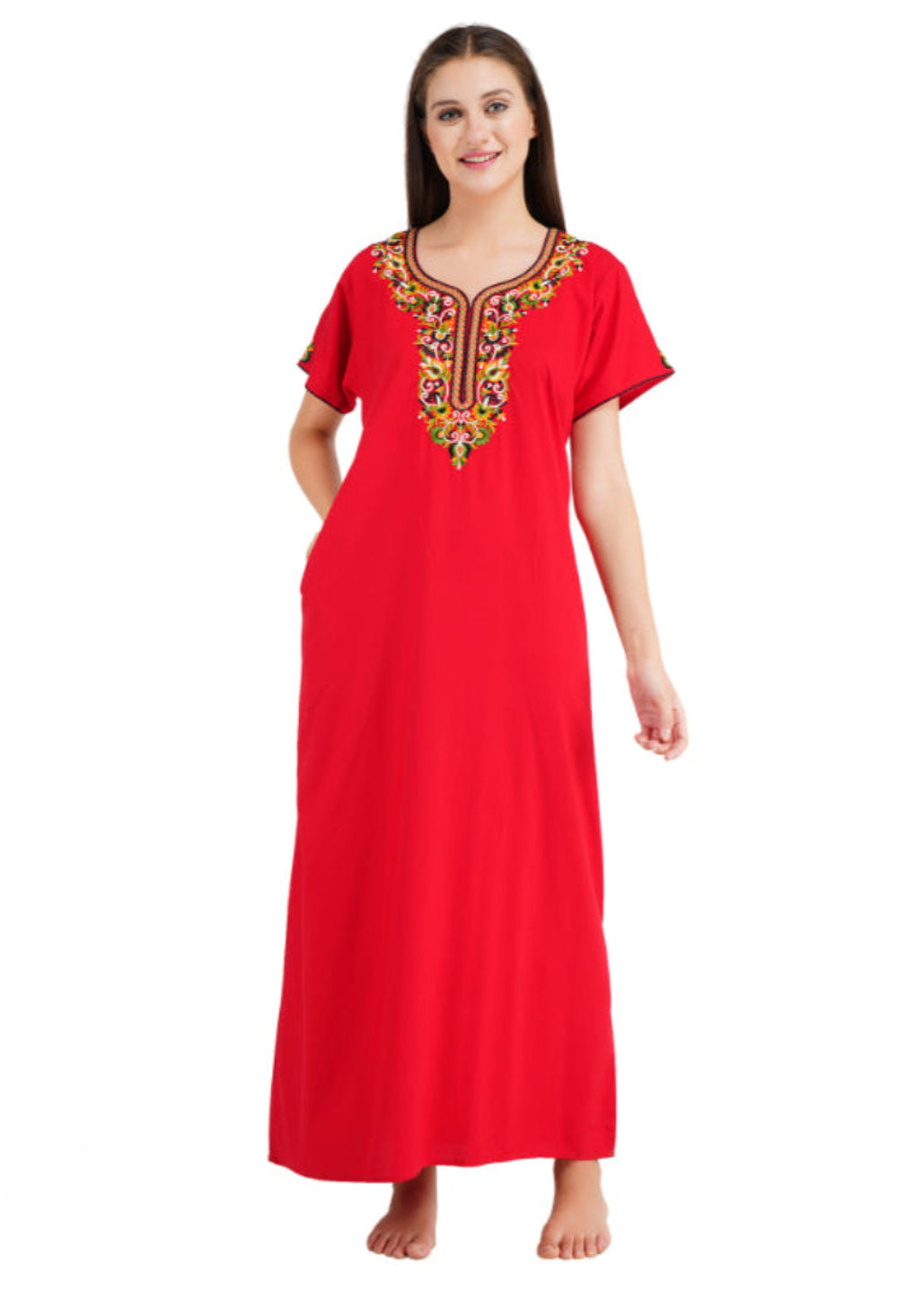 Colourful Embroidery nighty with Pockets Main image
