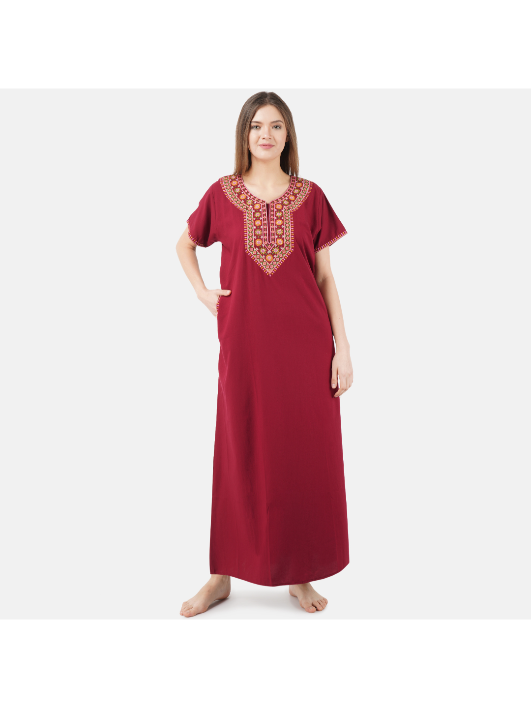 V-shaped Embroidery Night Gown