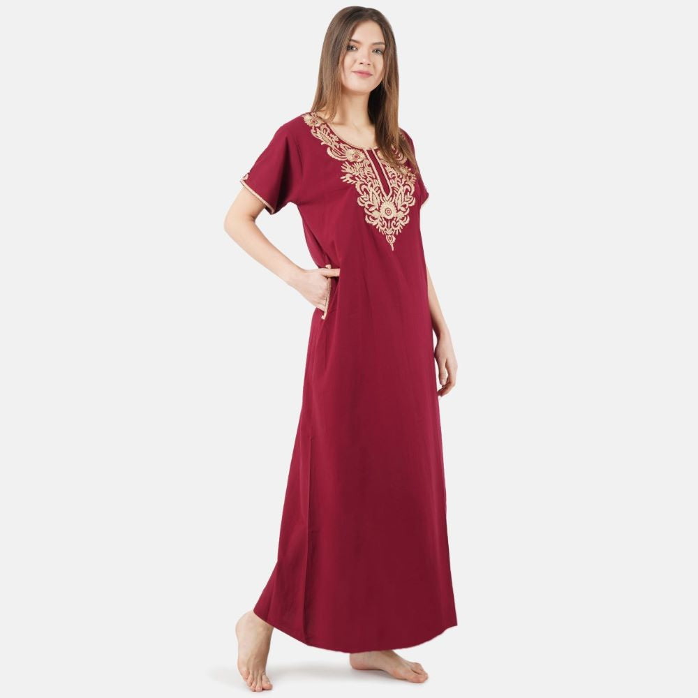 Creme Floral Embroidered  Nightgown