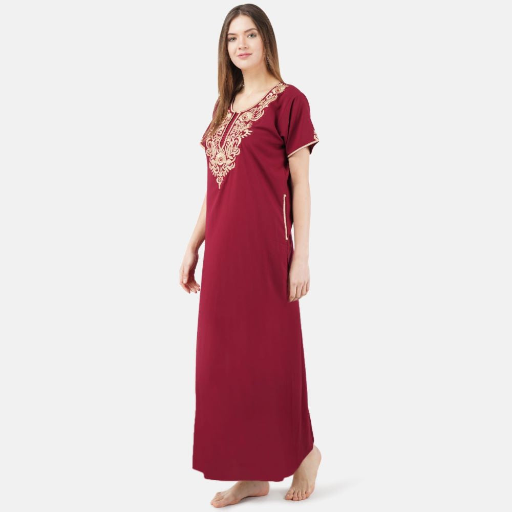 Creme Floral Embroidered  Nightgown