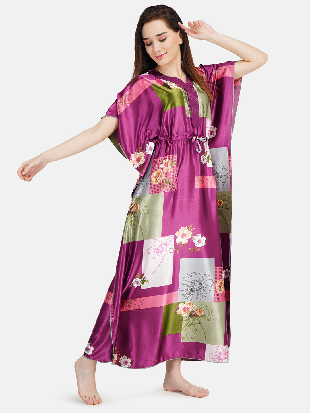 Satin Kaftan with Square Block Print