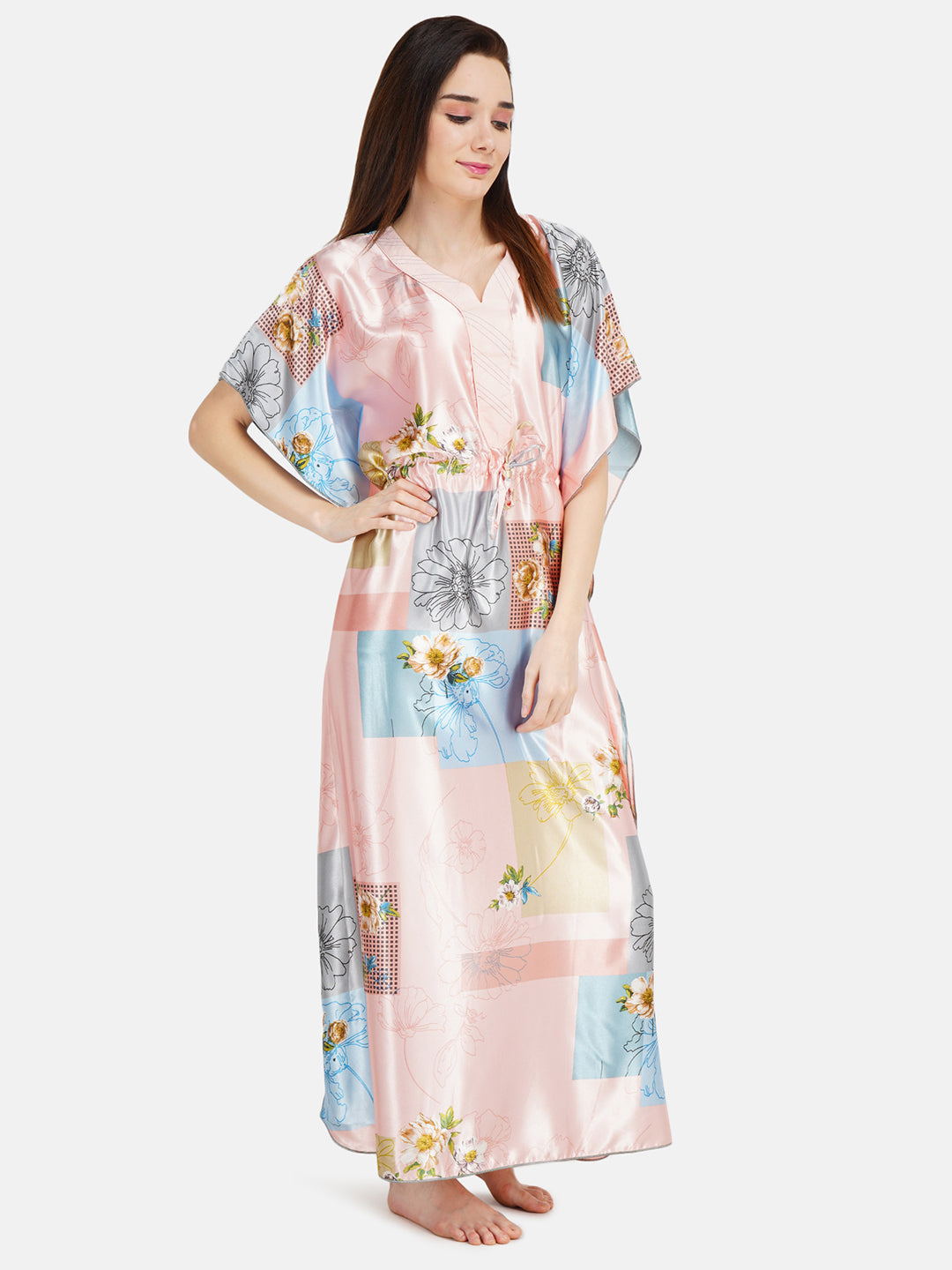 Satin Kaftan with Square Block Print