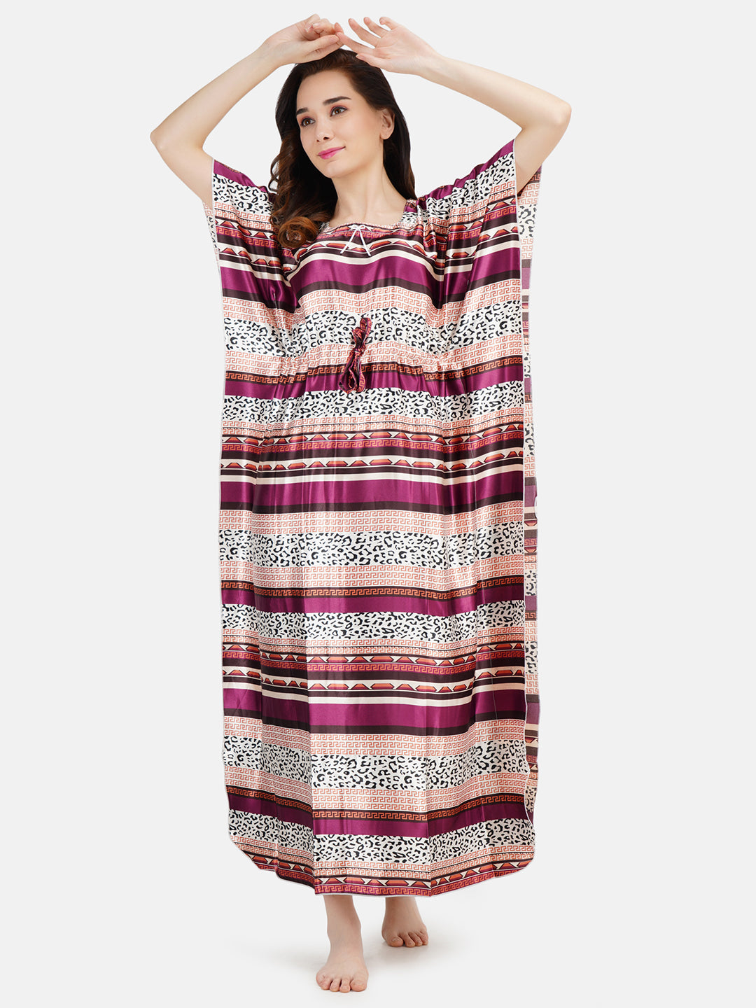Satin Kaftan Nightgown with Multi Color Print