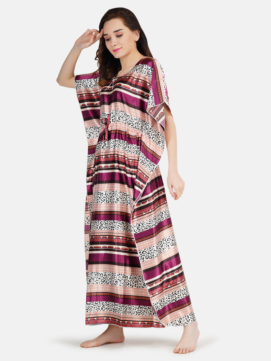 Satin Kaftan Nightgown with Multi Color Print