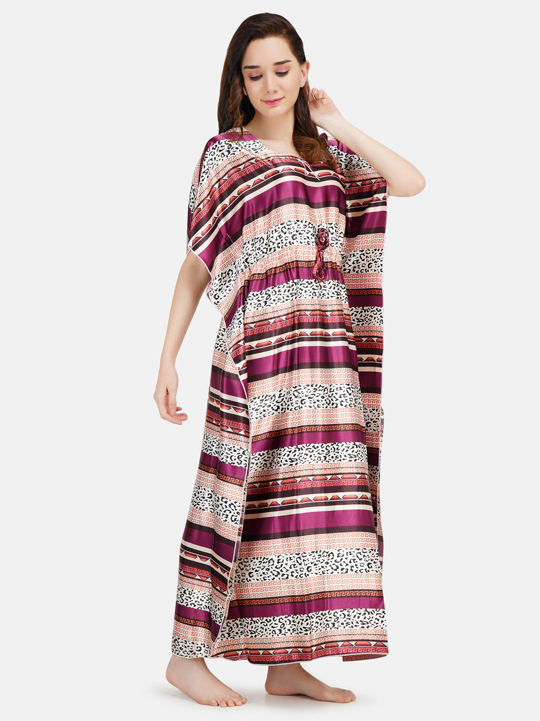 Satin Kaftan Nightgown with Multi Color Print
