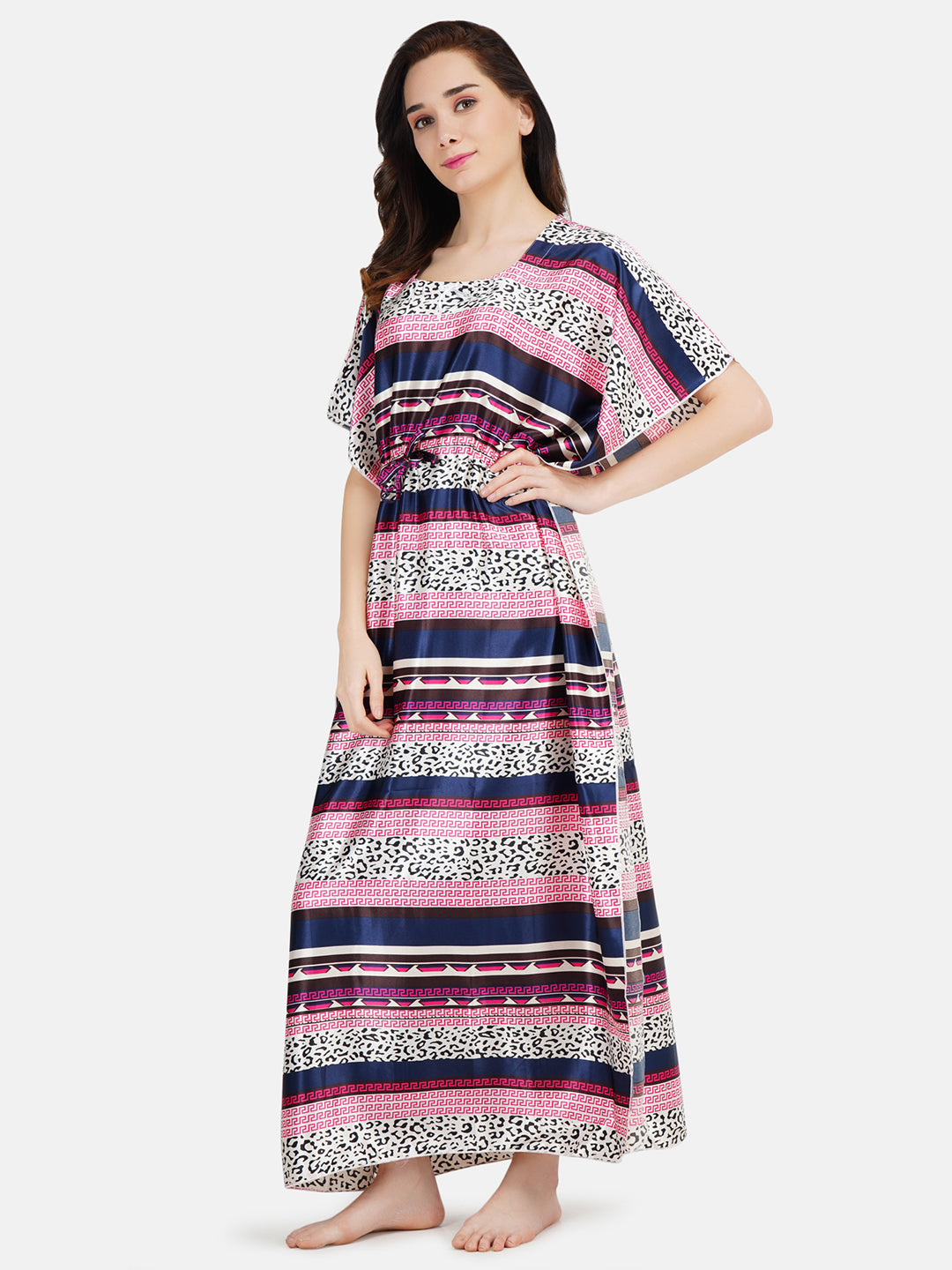 Satin Kaftan Nightgown with Multi Color Print