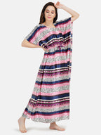 Satin Kaftan Nightgown with Multi Color Print