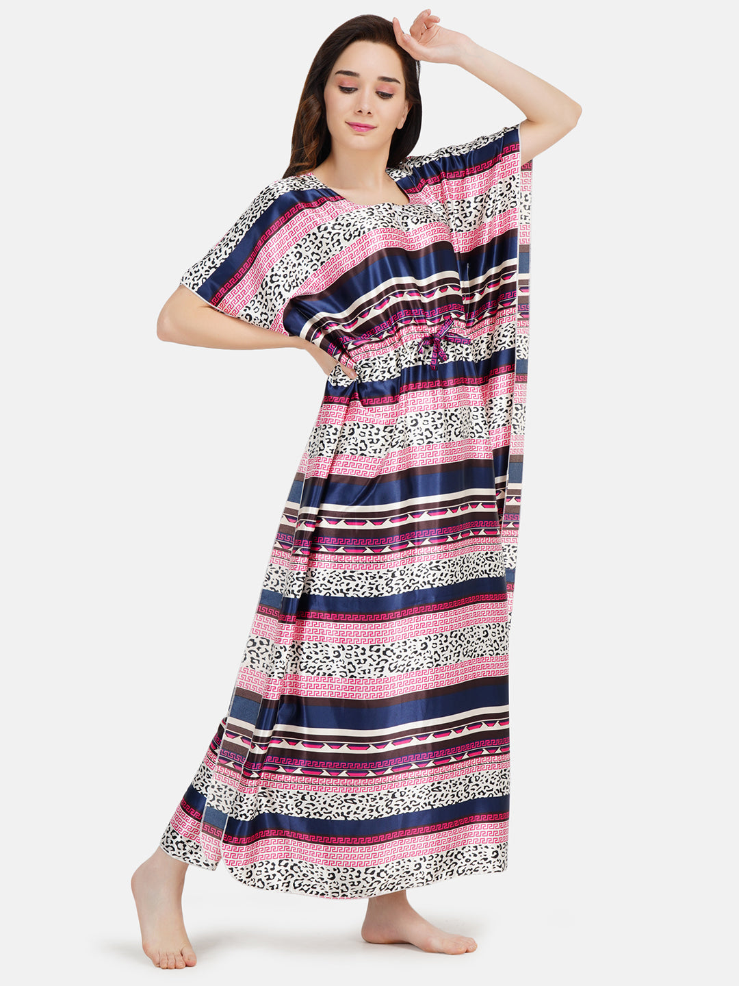 Satin Kaftan Nightgown with Multi Color Print