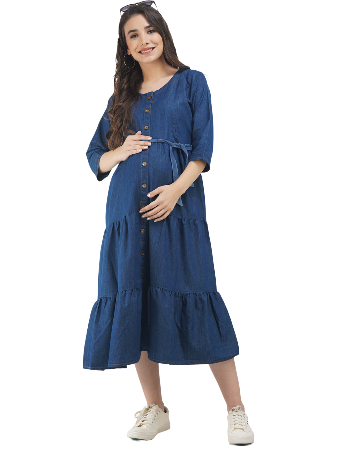 Denim Maternity dress with Gold Button