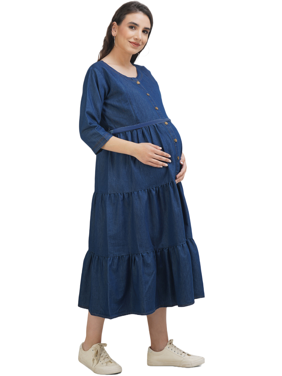 Denim Maternity dress with Gold Button