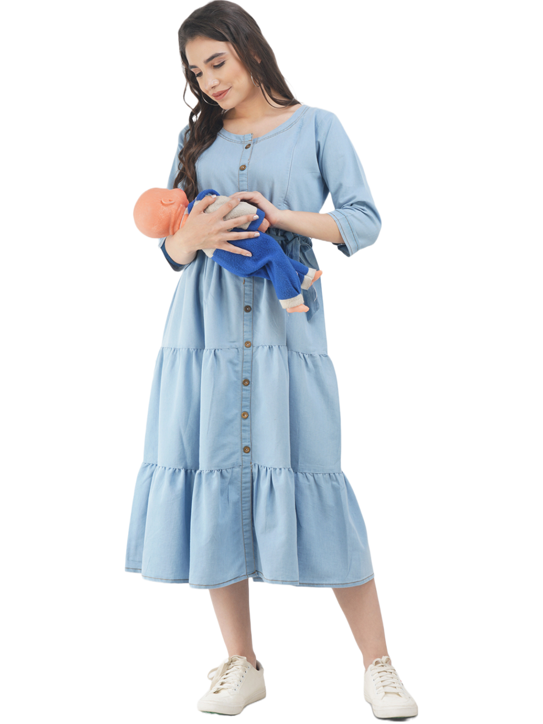 Denim Maternity dress with Gold Button – KOI Sleepwear