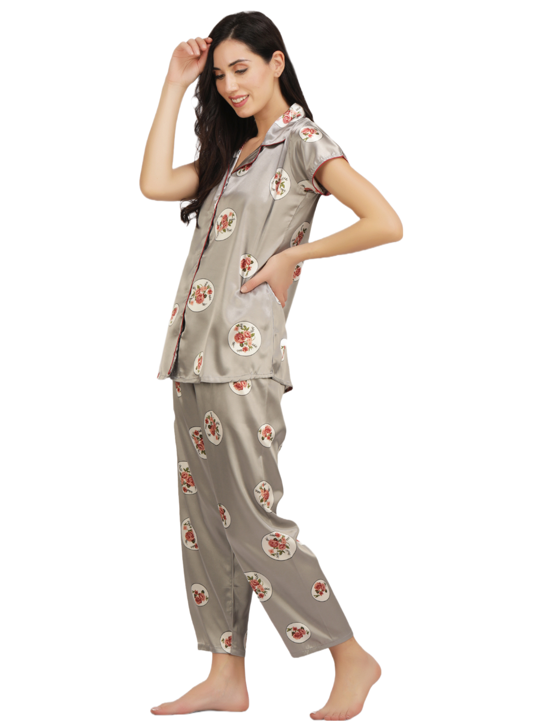 Satin Rose flower bunch long Night Suit Secondary image