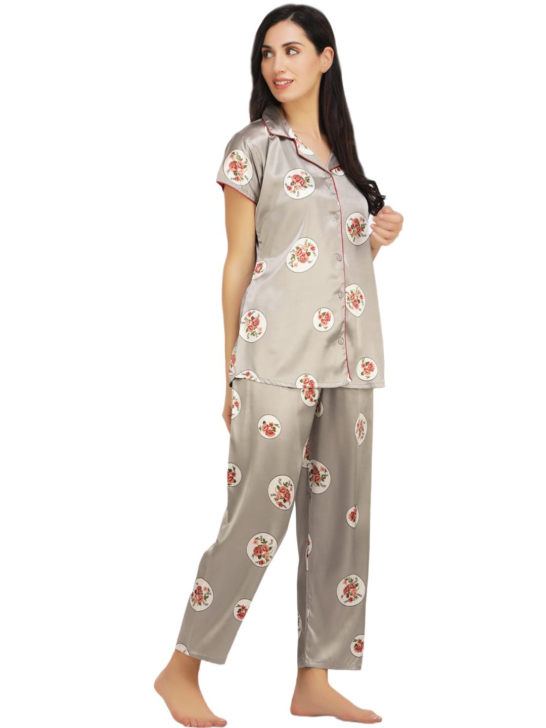 Satin Rose flower bunch long Night Suit