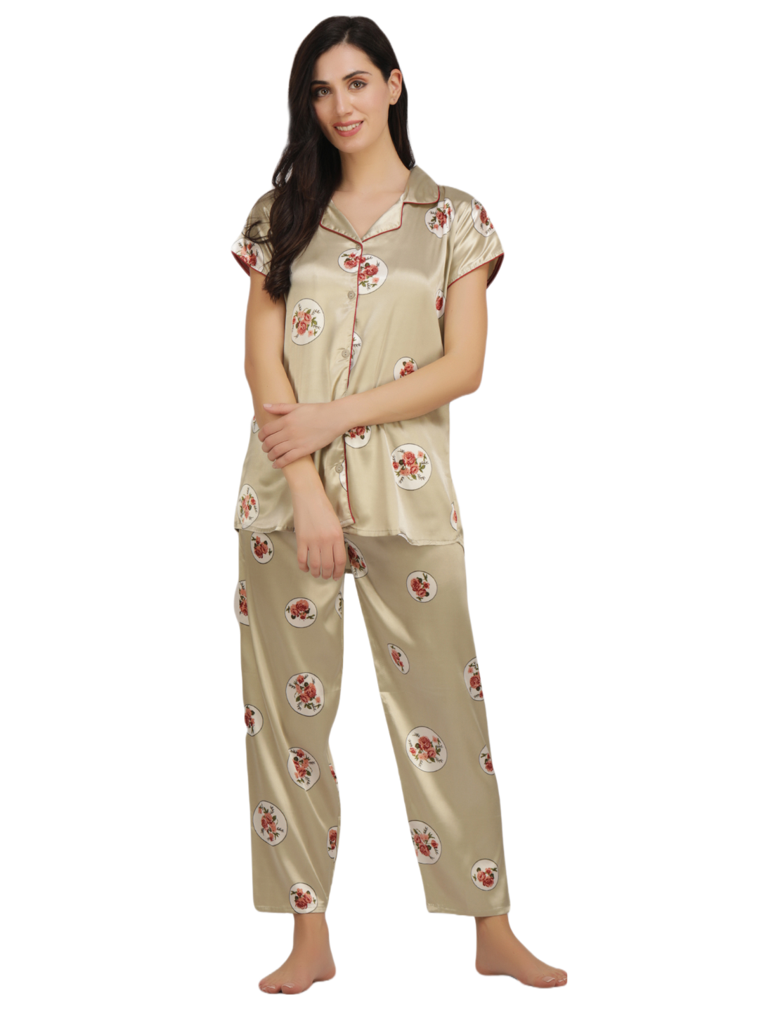 Satin Rose flower bunch long Night Suit
